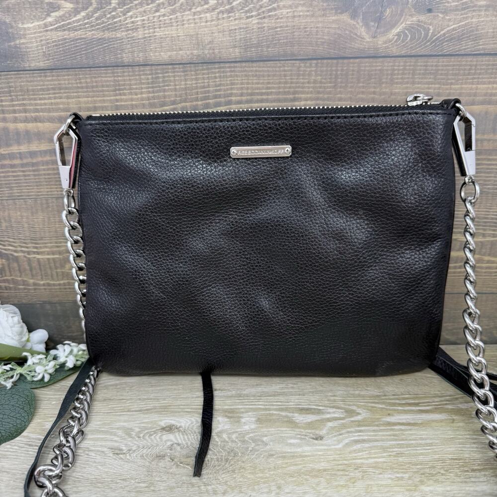 Rebecca Minkoff Black Leather Tassel Multi Zip Crossbody Bag Chain Strap Purse - Picture 2 of 9